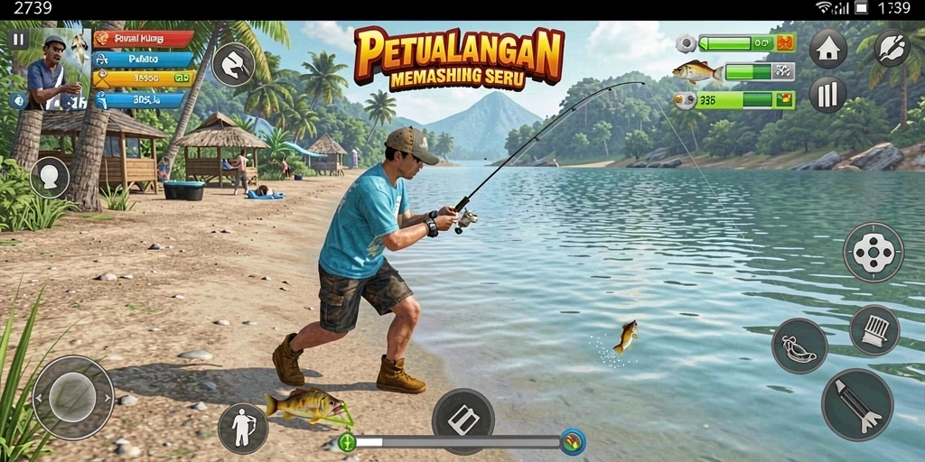 Tampilan gameplay yang memukau saat memancing ikan.