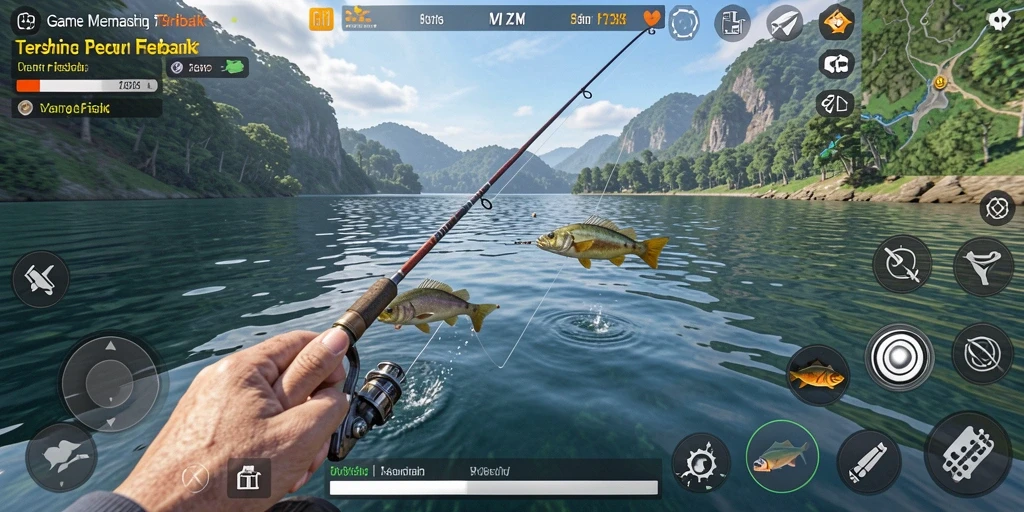 Screenshot gameplay 73K yang menampilkan momen memancing yang seru.