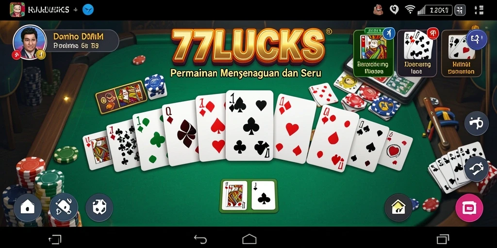 Tampilan screenshot utama 77LUCKS yang menunjukkan aksi gameplay Domino yang menyenangkan.