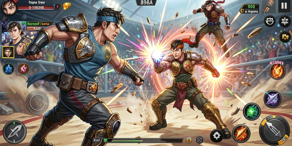 Screenshot utama 898A menampilkan pertarungan epik karakter dalam arena.
