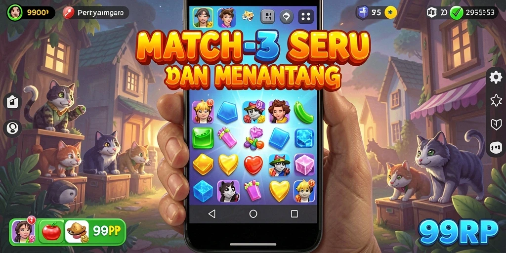 Screenshot utama menunjukkan gameplay seru di 99RP dengan kombinasi warna-warni.
