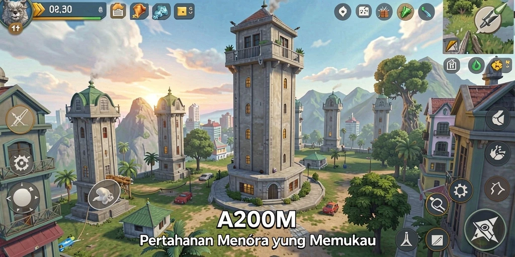 Screenshot gameplay A200M menampilkan pertempuran menara yang intens.