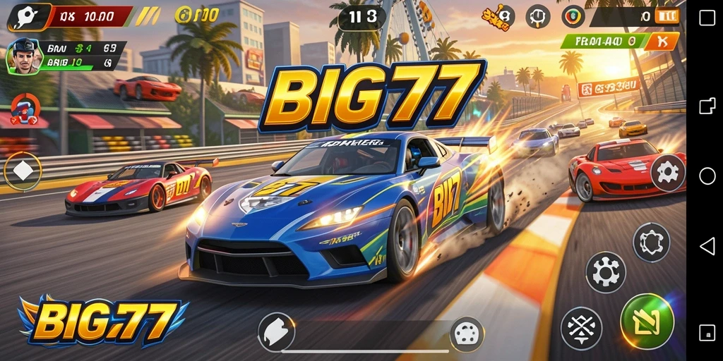 Screenshot menampilkan aksi balapan mendebarkan dalam BIG77.