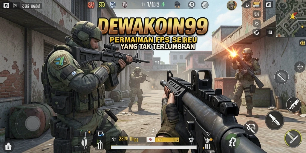 Tampilan gameplay DEWAKOIN99 dalam pertempuran FPS yang intens.