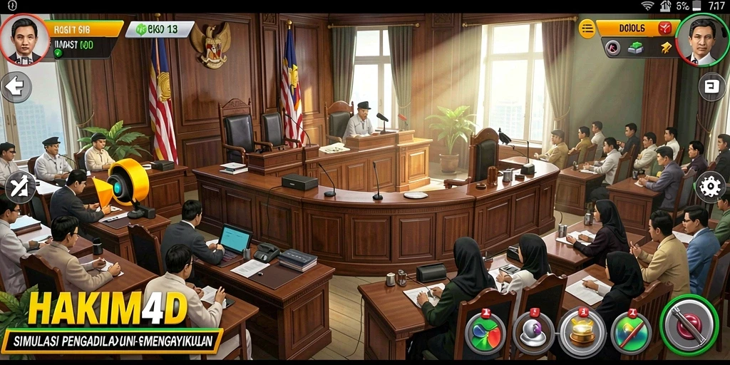 Tampilan gameplay HAKIM4D yang mendebarkan di ruang sidang.