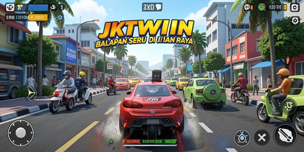 Tampilan gameplay JKTWIN dengan mobil balap yang melaju kencang.