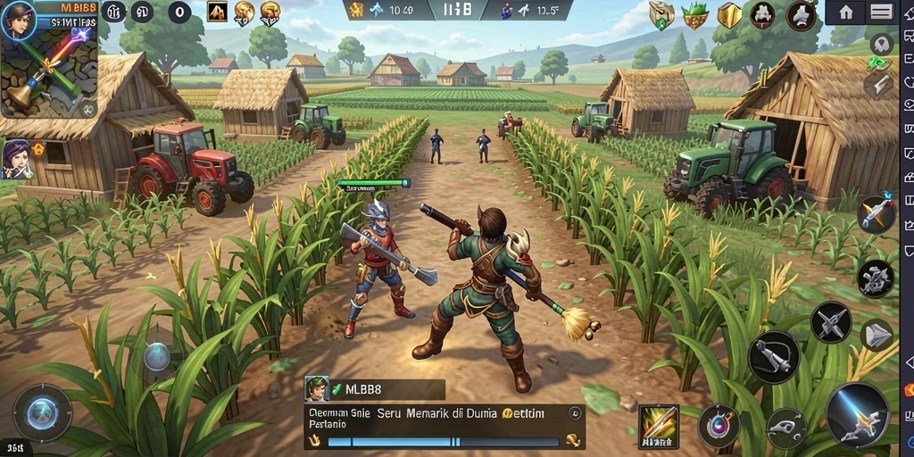Tampilan gameplay <strong>MLBB8</strong> yang seru saat bertani di lahan hijau.