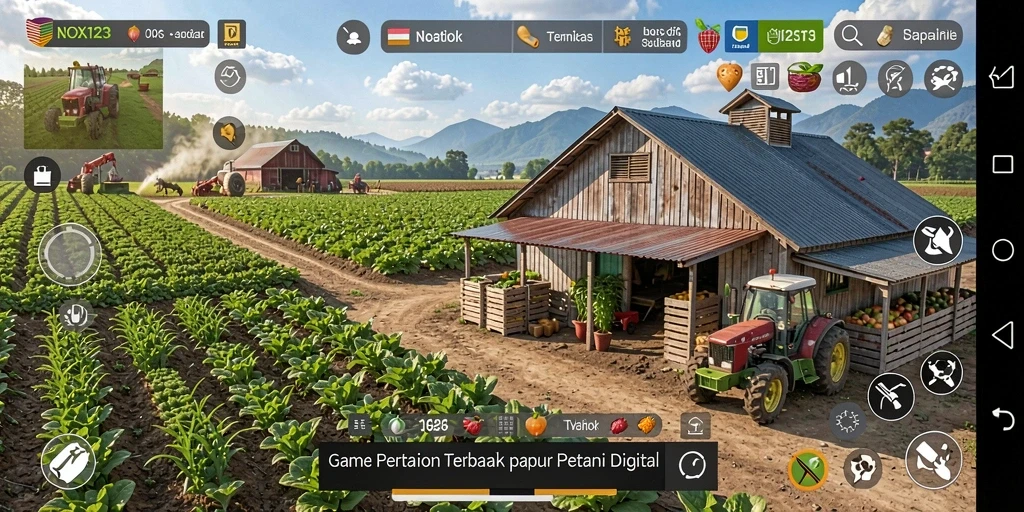Screenshot utama <strong>NOX123</strong> menampilkan aktivitas bertani yang seru dan menyenangkan.