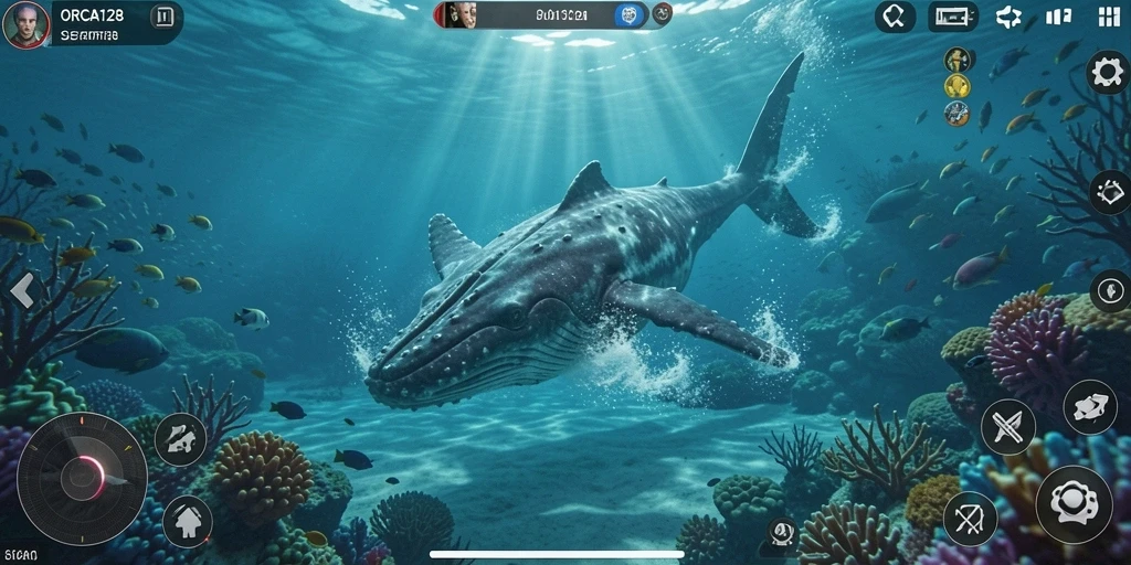 Screenshot gameplay ORCA128 menampilkan suasana seram di kedalaman laut.