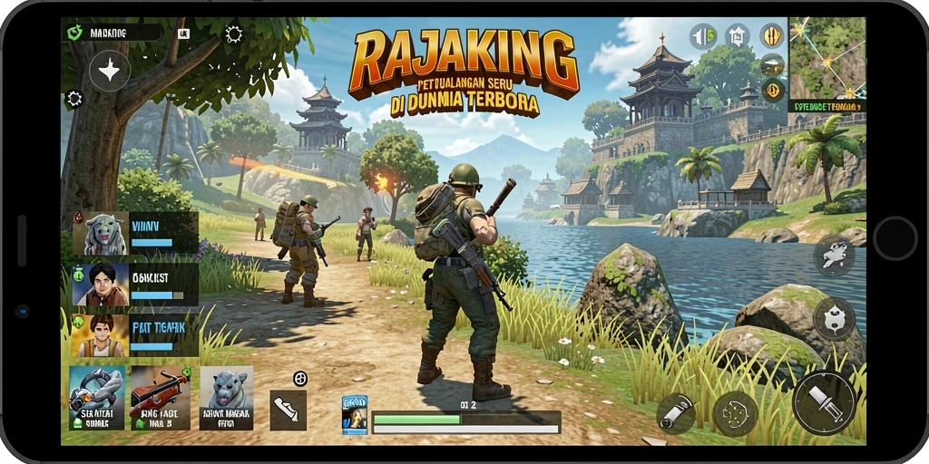 Screenshot gameplay RAJAKING yang menunjukkan eksplorasi dunia terbuka.
