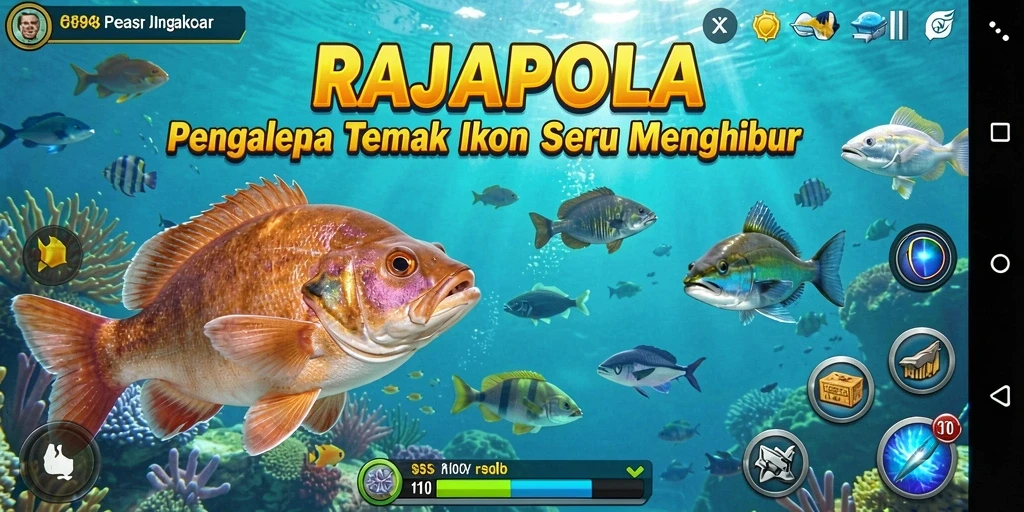 Screenshot gameplay RAJAPOLA menampilkan aksi tembak-menembak ikan yang seru.