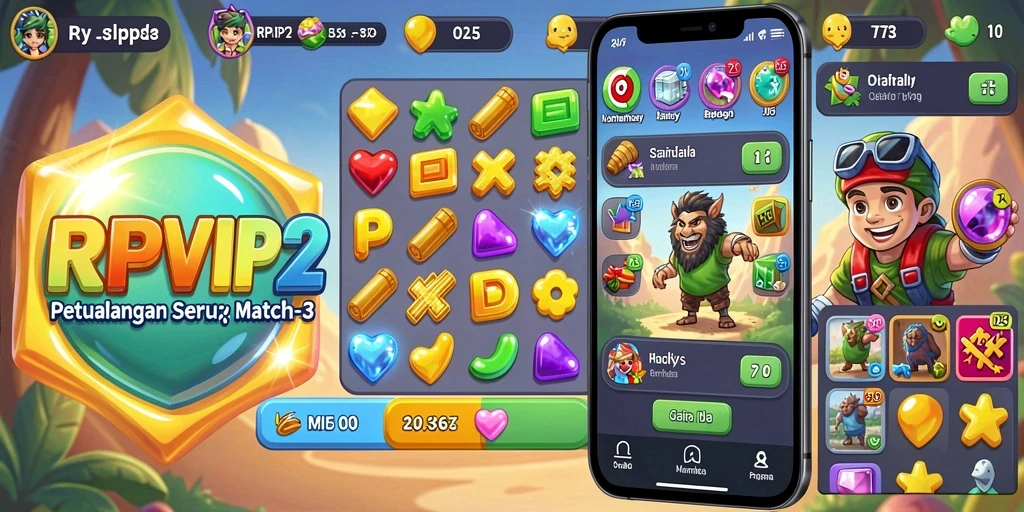 Screenshot utama RPVIP2 menampilkan gameplay Match-3 yang seru.