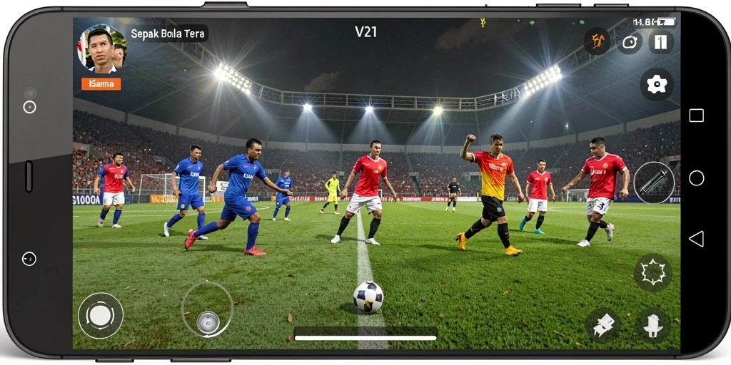Tangkapan layar menampilkan aksi mendebarkan dalam game sepak bola V21.