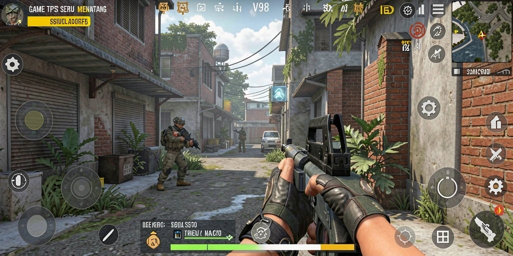 Screenshot V98 menampilkan aksi gameplay TPS yang mendebarkan.