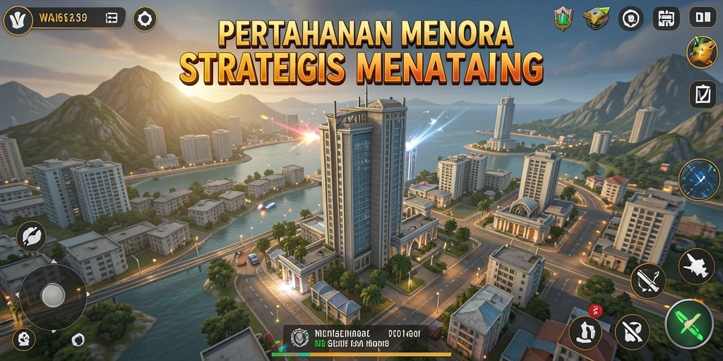 Screenshot gameplay W67 dengan menara pertahanan yang aktif.